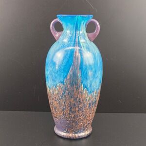 Dale Tiffany Favrile Peacock Blue Art Glass Amphora Vase Copper Purple Handles